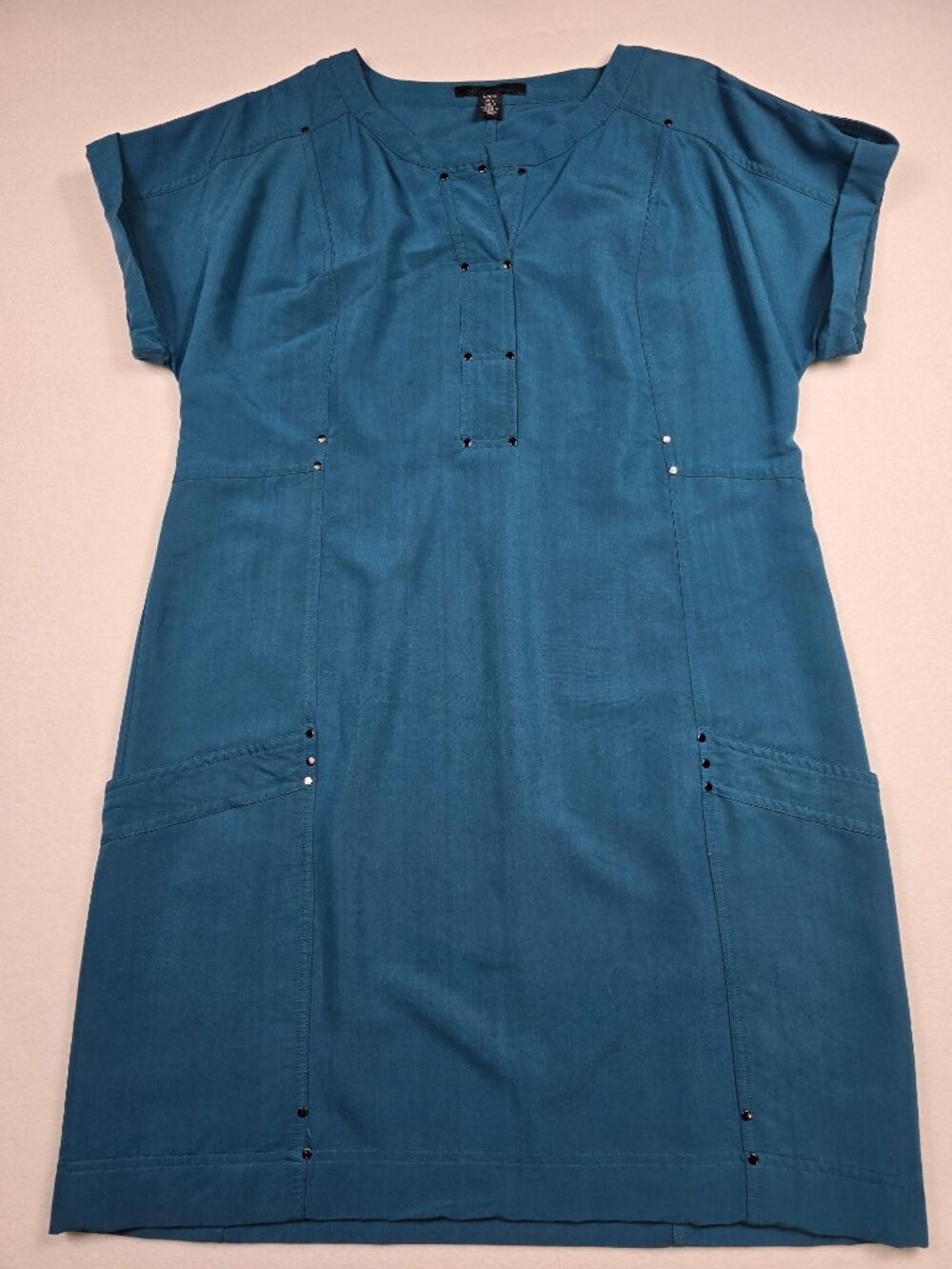 Kenneth Cole Large Blue Teal Short Sleeve Tunic Dress Stud Accents Pockets